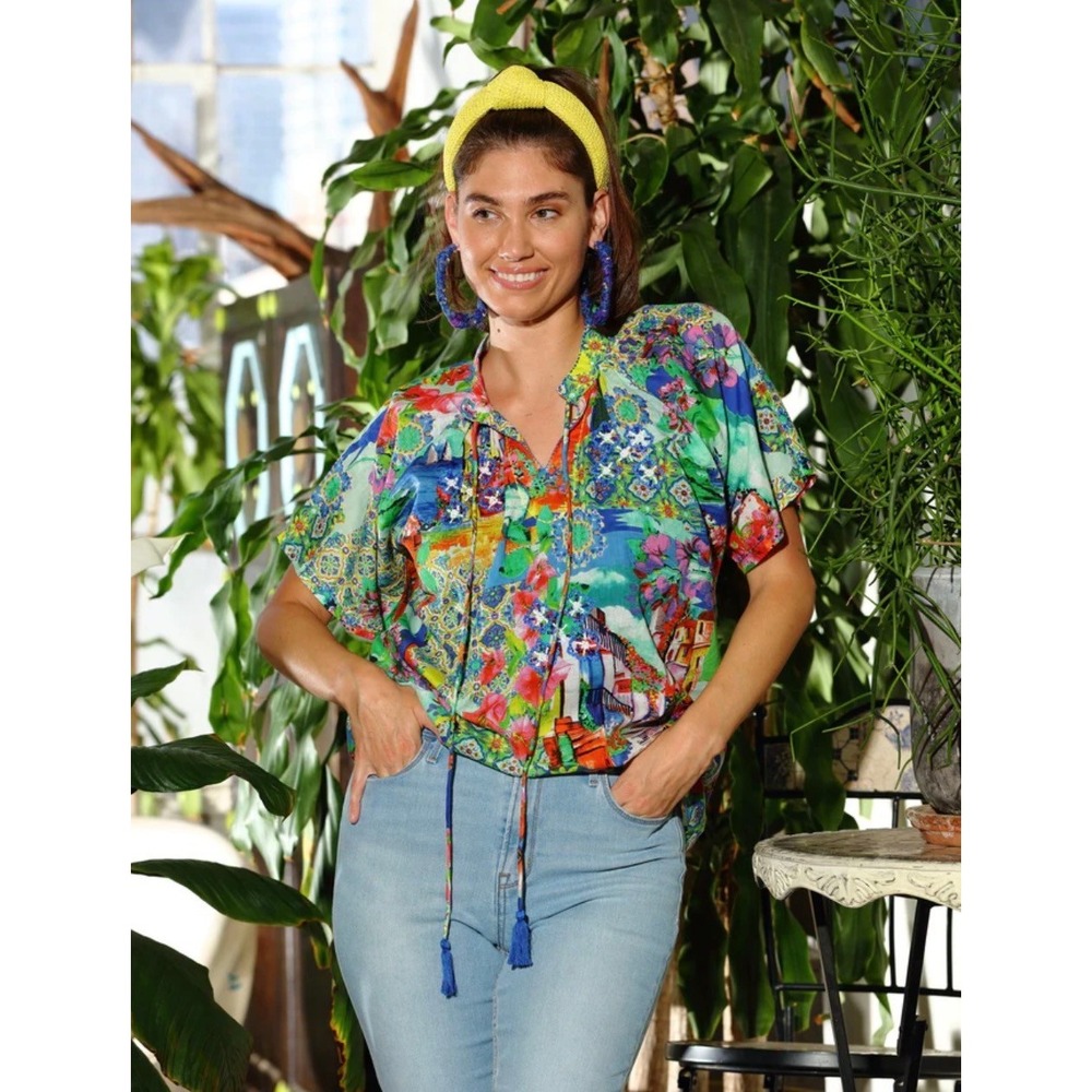 Artisan KikiSol Womens Herb Patchwork Beaded Tassel Boho Top Size M NEW